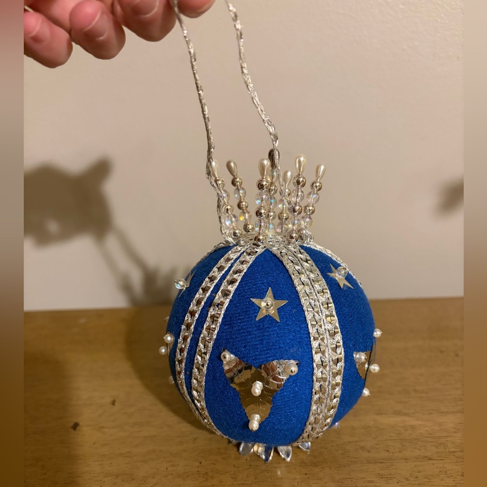 Vintage Beaded Satin Sequin Pearl Blue & Silver Push Pin Round Ornament 5” tall